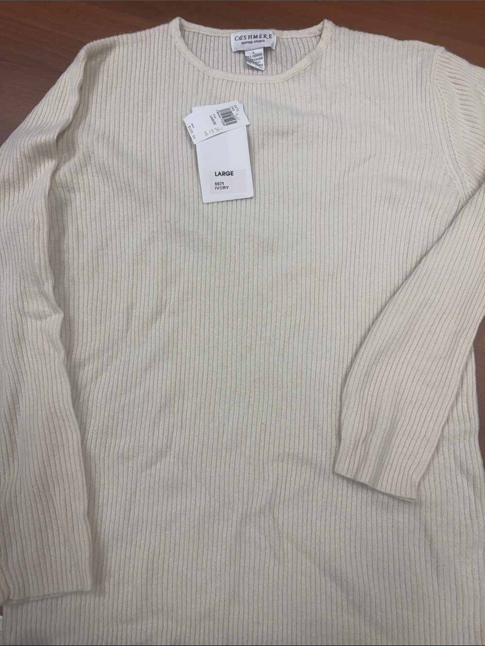 Sutton Cashmere Ivory Ribbed Crewneck Sweater